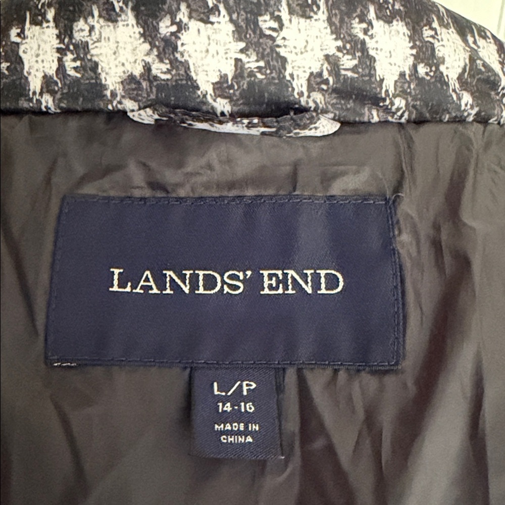 Lands’ End Houndstooth Down Puffer Coat Zip & Snap Front Pockets Petite 14-16 - Picture 4 of 13